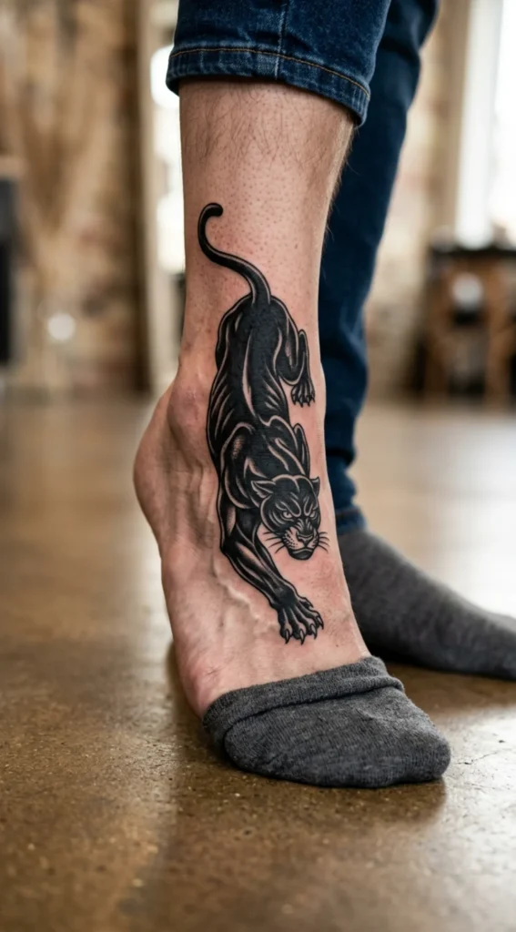 Blackwork Panther Foot Tattoo
