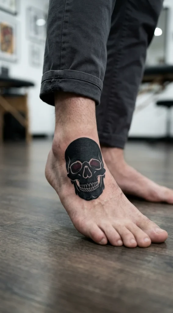 Blackwork Skull Foot Tattoo