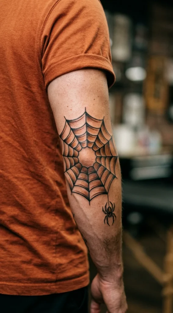 Bold Spider Web Elbow Tattoo