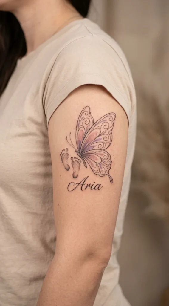 Butterfly With Baby Footprints And Name
