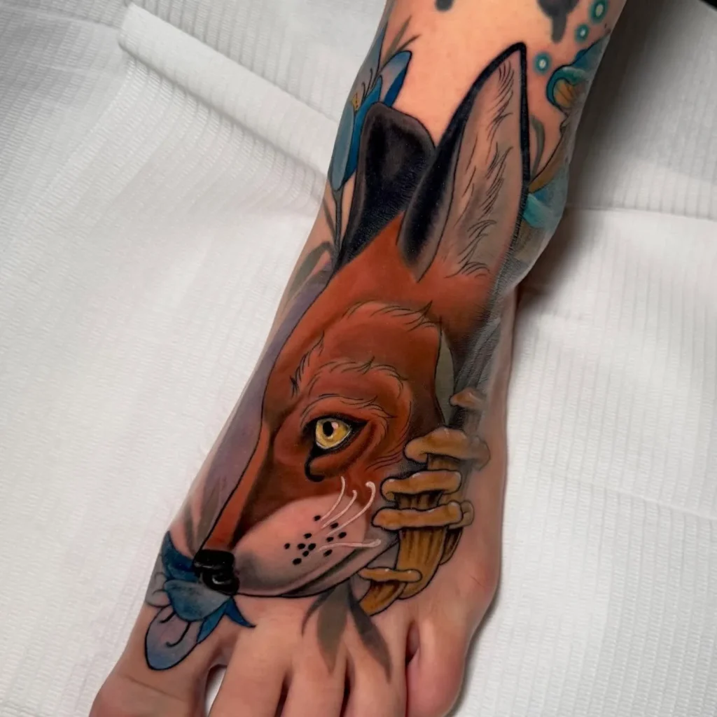 Colorful Neo-Traditional Fox Foot Tattoo