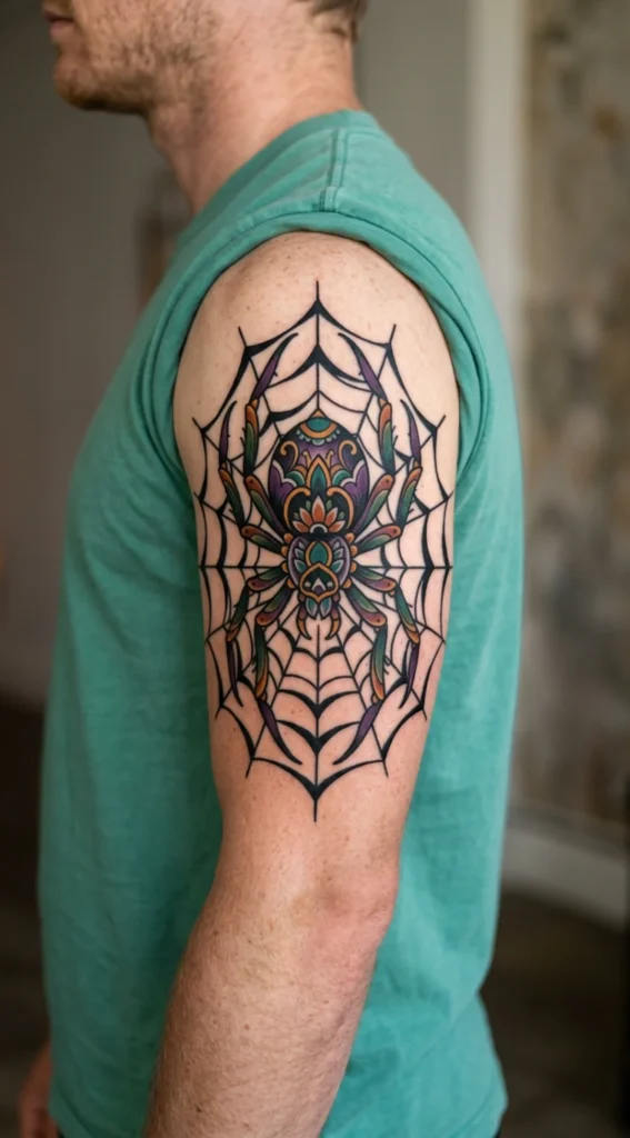 Colorful Neo Traditional Spider Tattoo