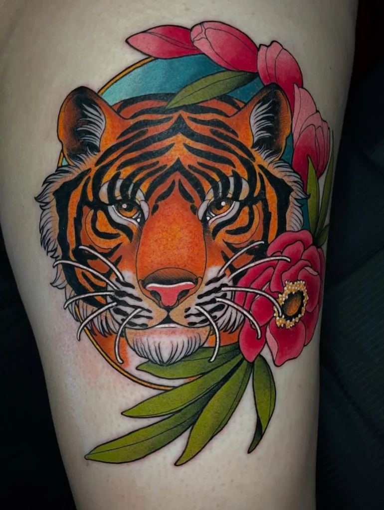 Colorful Neo Traditional Tiger Tattoo