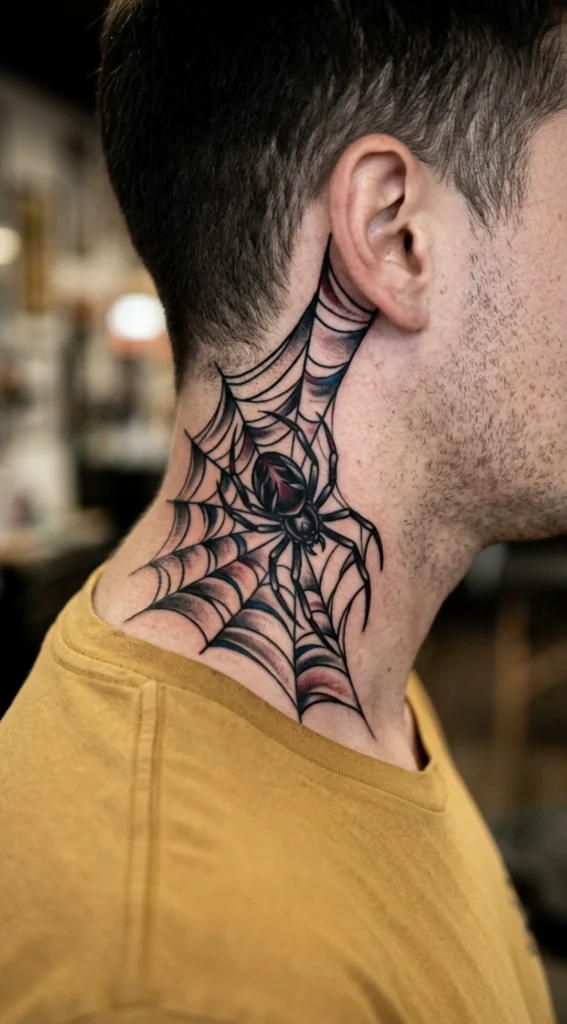 Creepy Spider Web Neck Tattoo