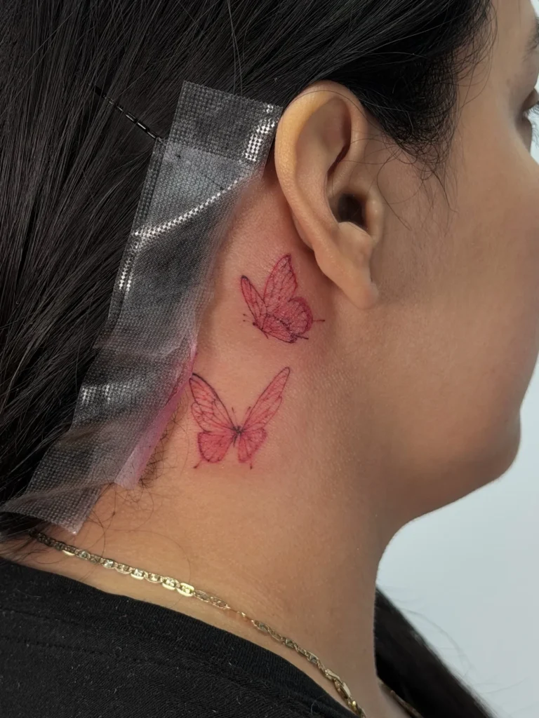 Ethereal Pink Fine-Line Butterfly on Neck