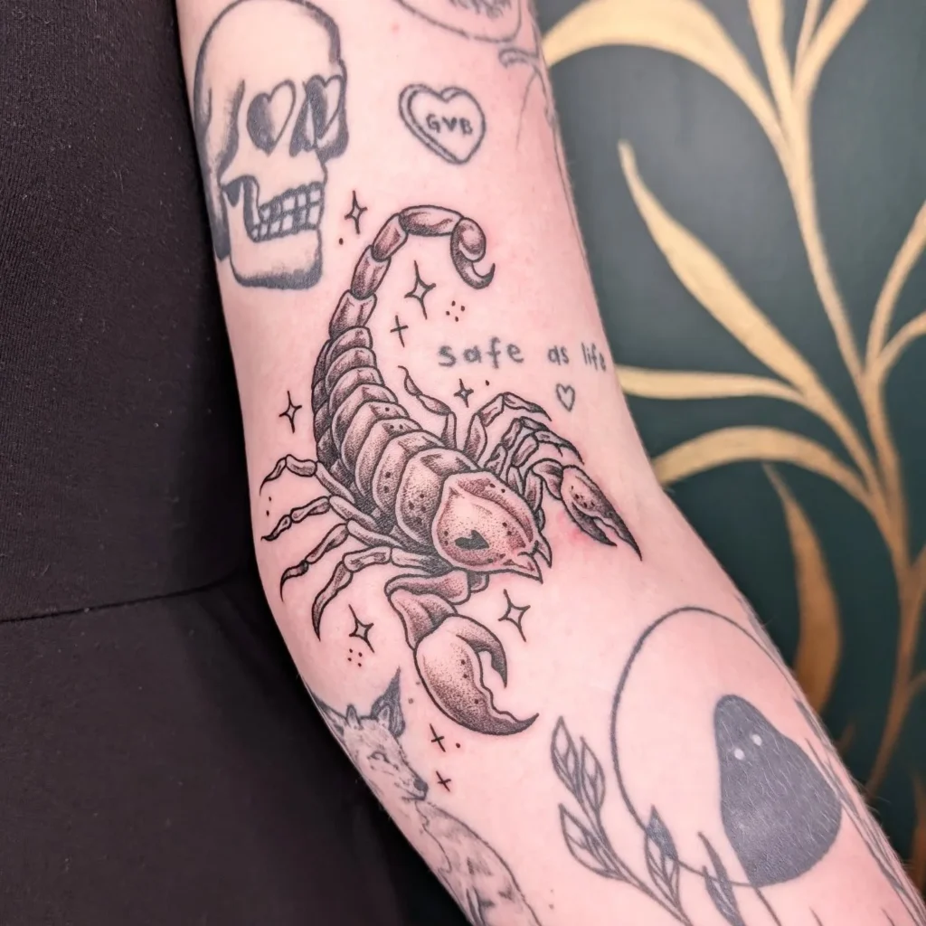 Fine Line Scorpion with Script