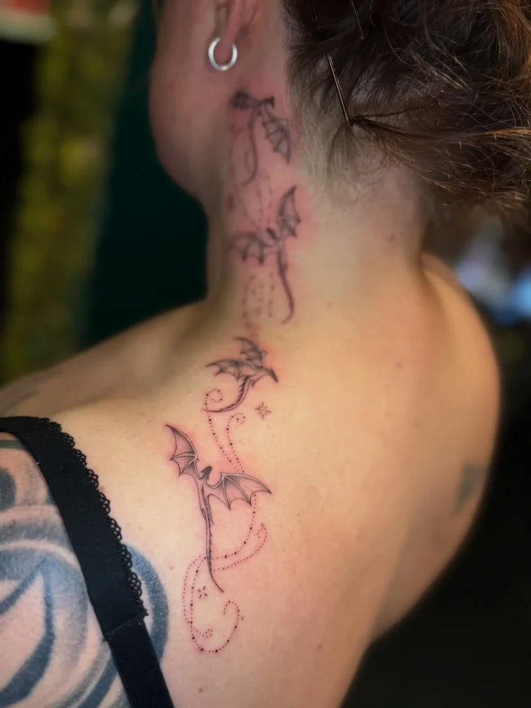 Fineline Dragon Neck Tattoo