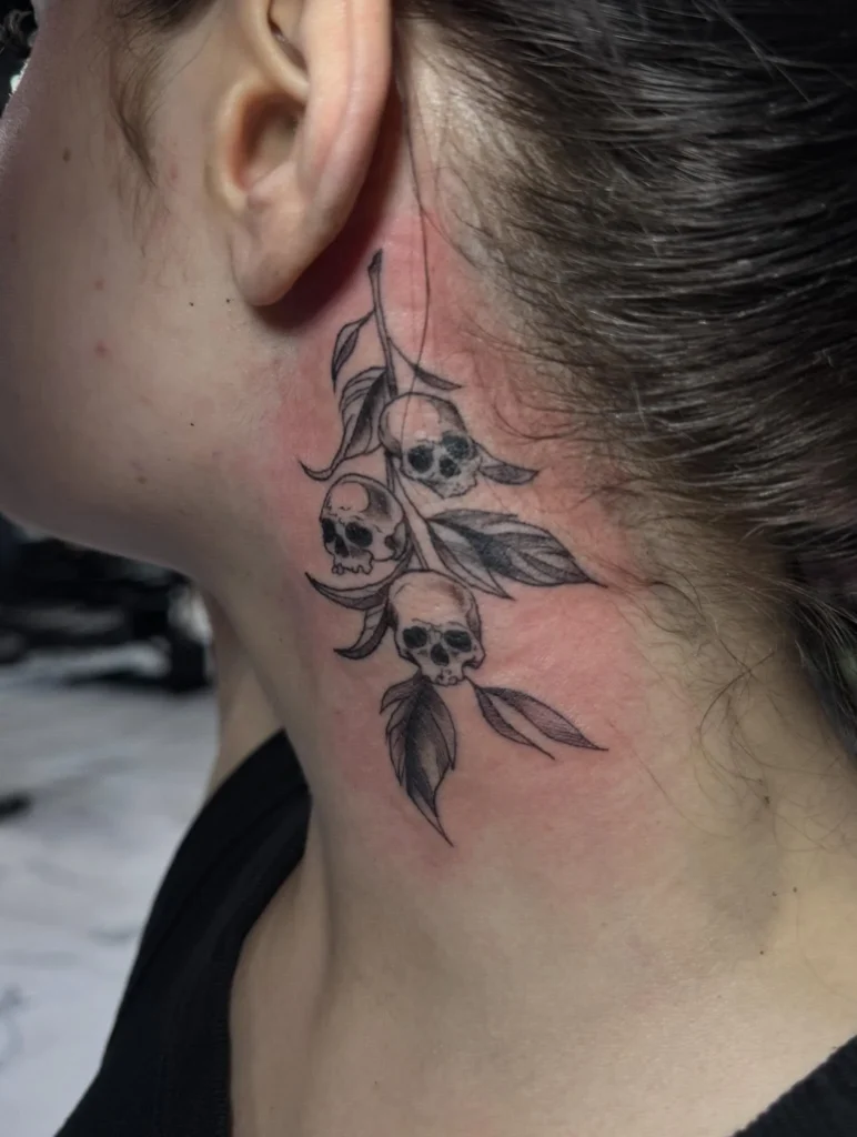 Fineline Flower and Skull Tattoo