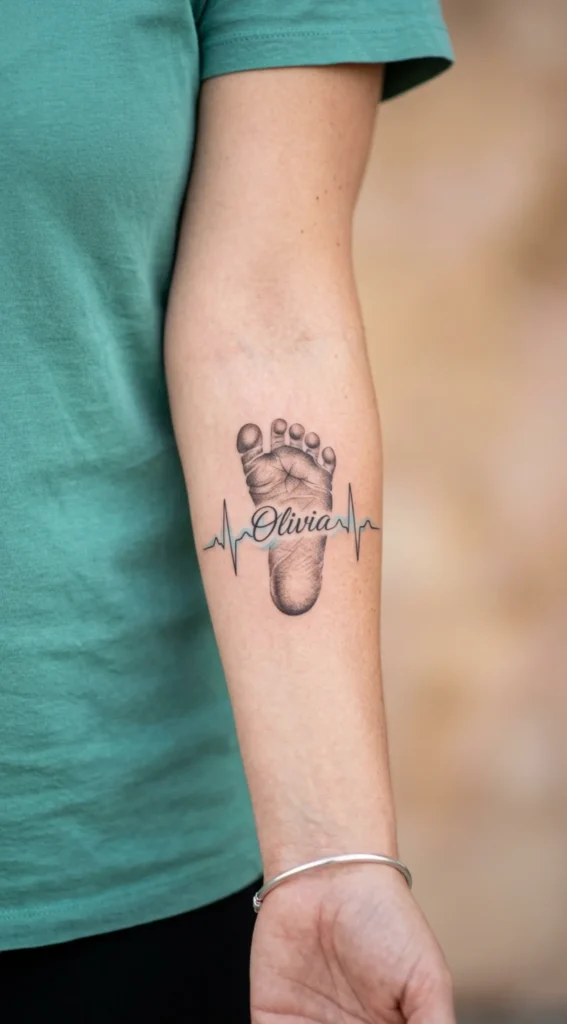 Footprint With Name And Heartbeat Line