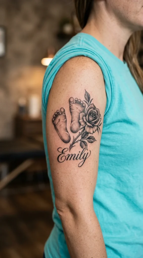 Footprints With Rose And Baby Name
