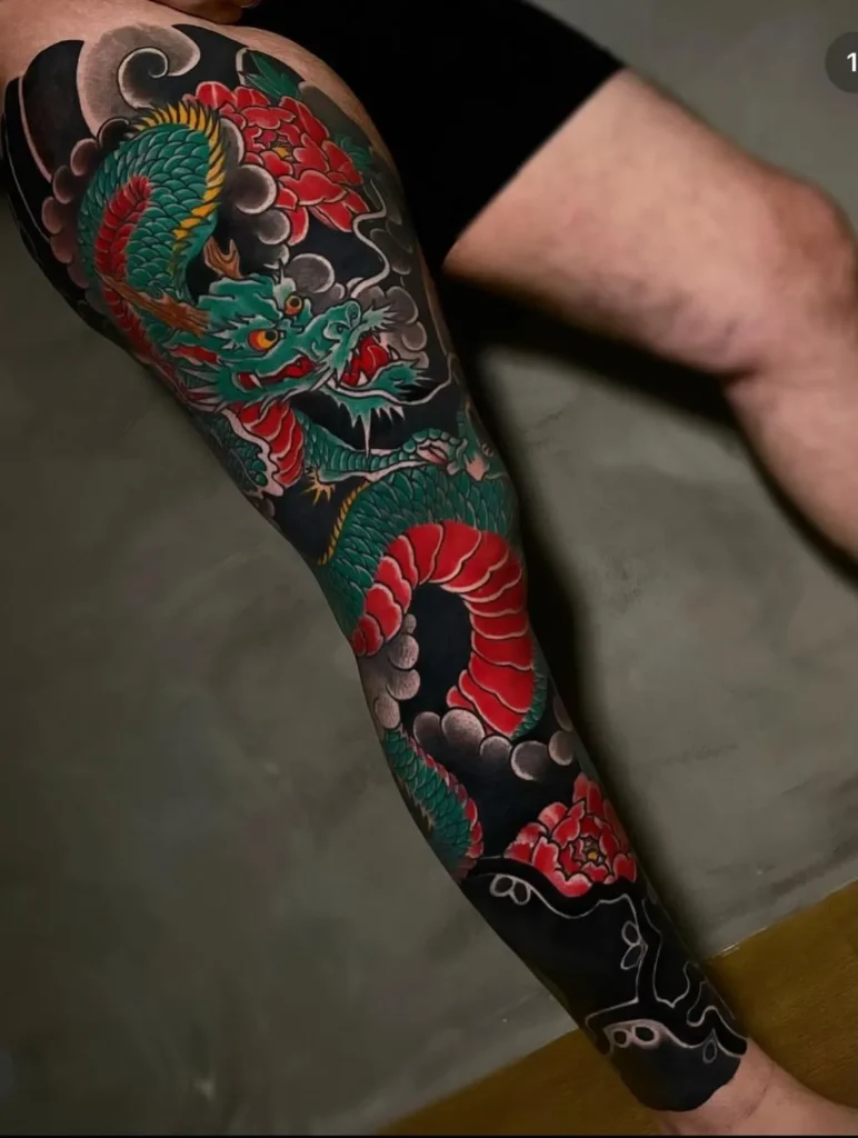 Full-Leg Emerald Dragon and Peonies