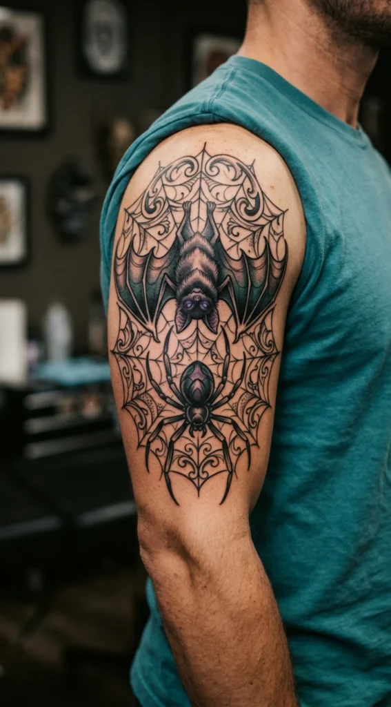 Gothic Spider With Bat and Web Elements