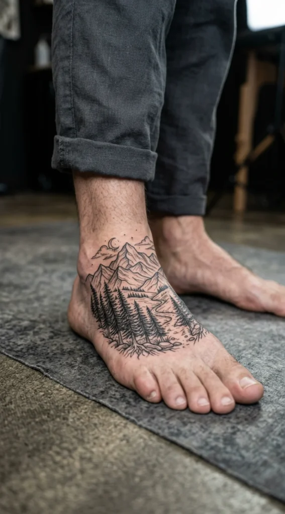 Mountain Landscape Foot Tattoo