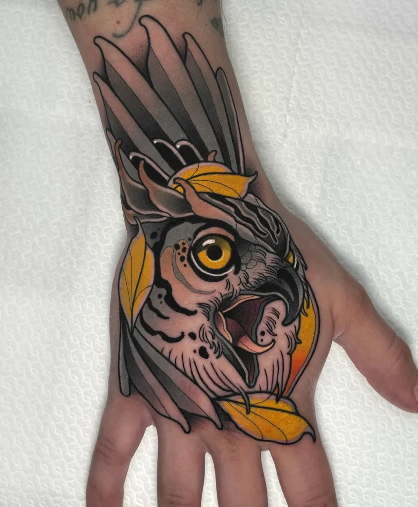 Neo Traditional Snowy Owl Hand Tattoo