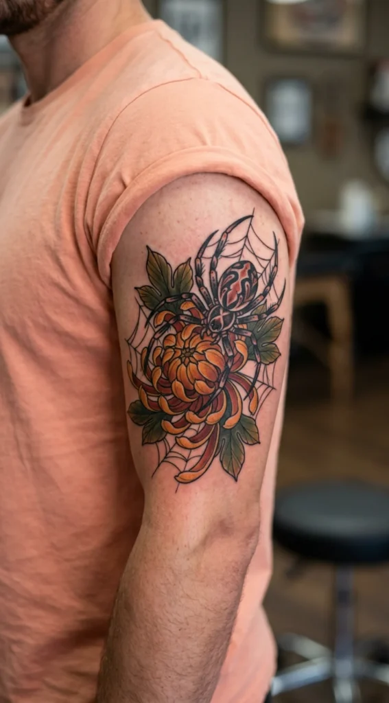 Neo Traditional Spider With Chrysanthemum
