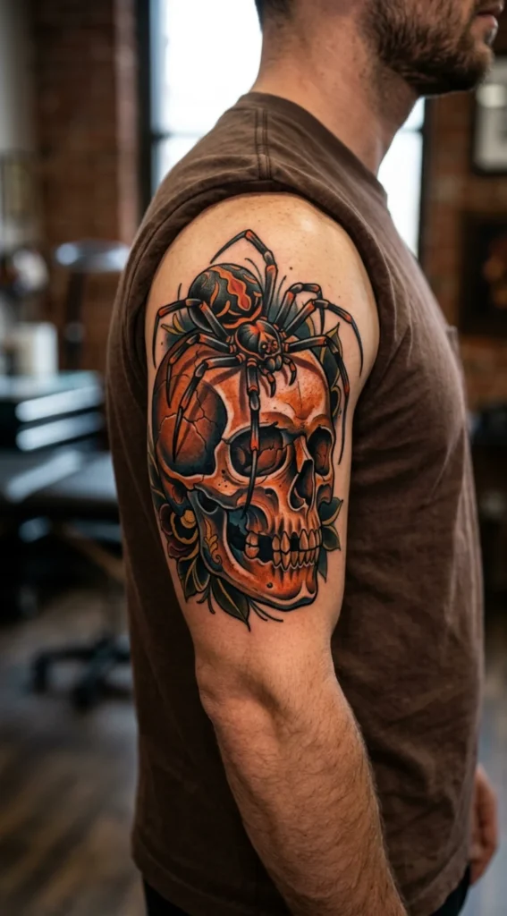 Neo Traditional Spider on a Skull