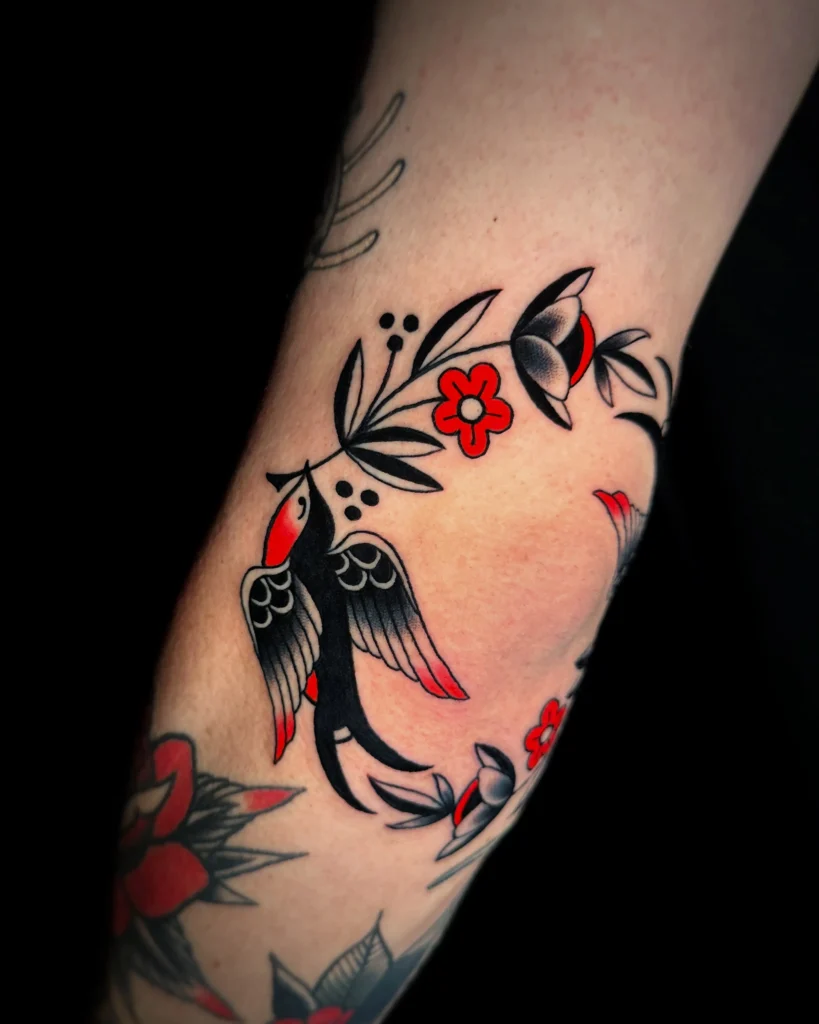 Neo-Traditional Swallow and Floral Wreath