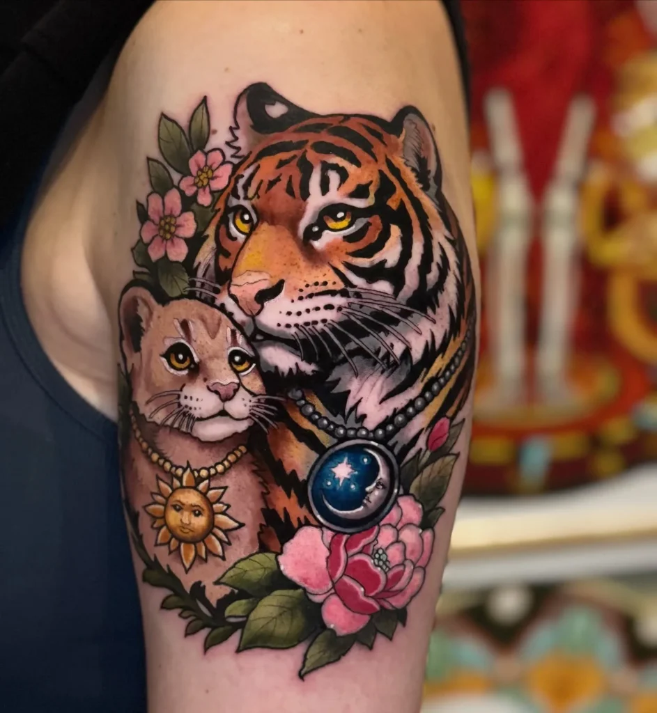 Neo Traditional Tiger and Cub Tattoo