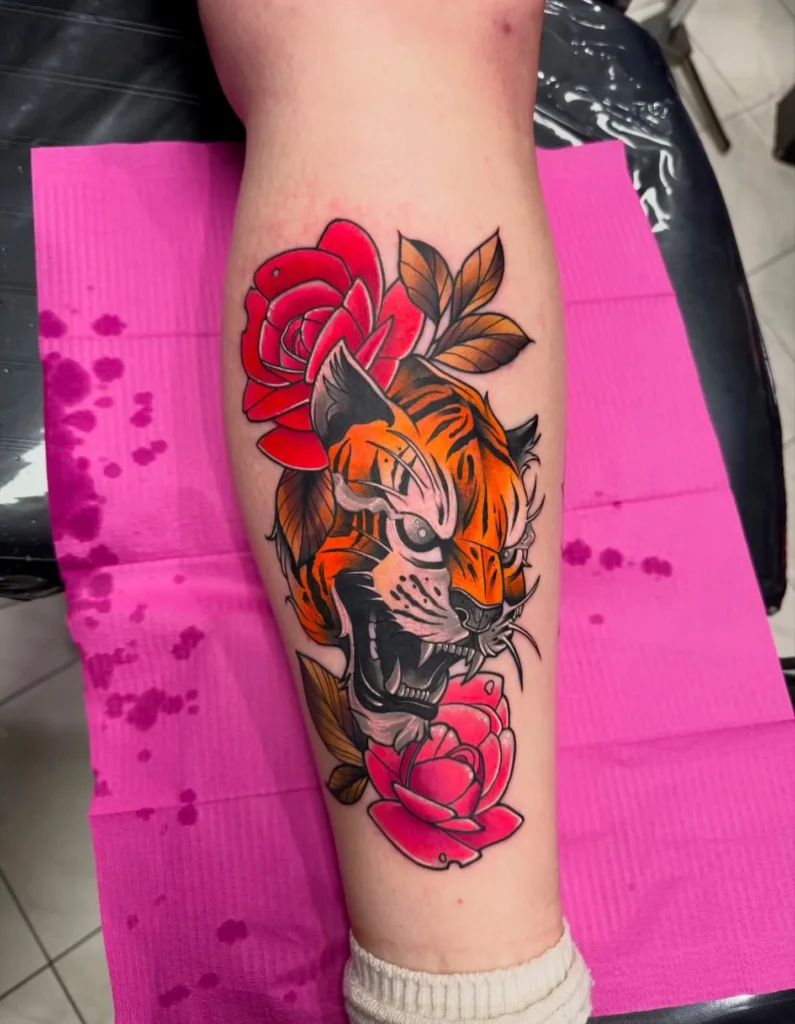 Neo Traditional Tiger and Rose Tattoo