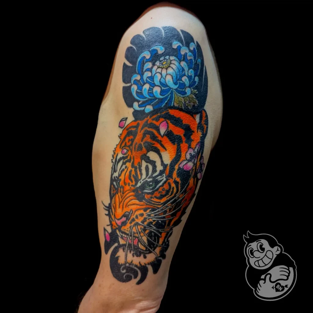 Neo Traditional Tiger with Blue Chrysanthemum