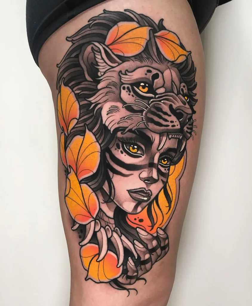 Neo Traditional Warrior Maiden and Lion