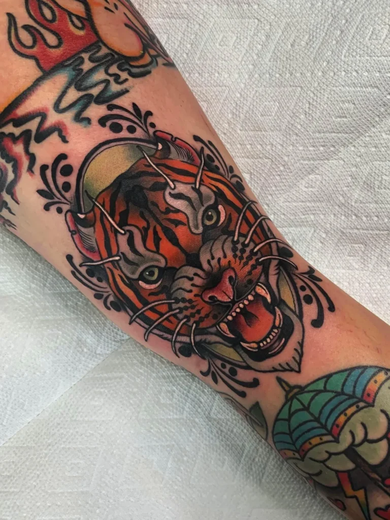 Ornamental Framed Forearm Tiger Tattoo