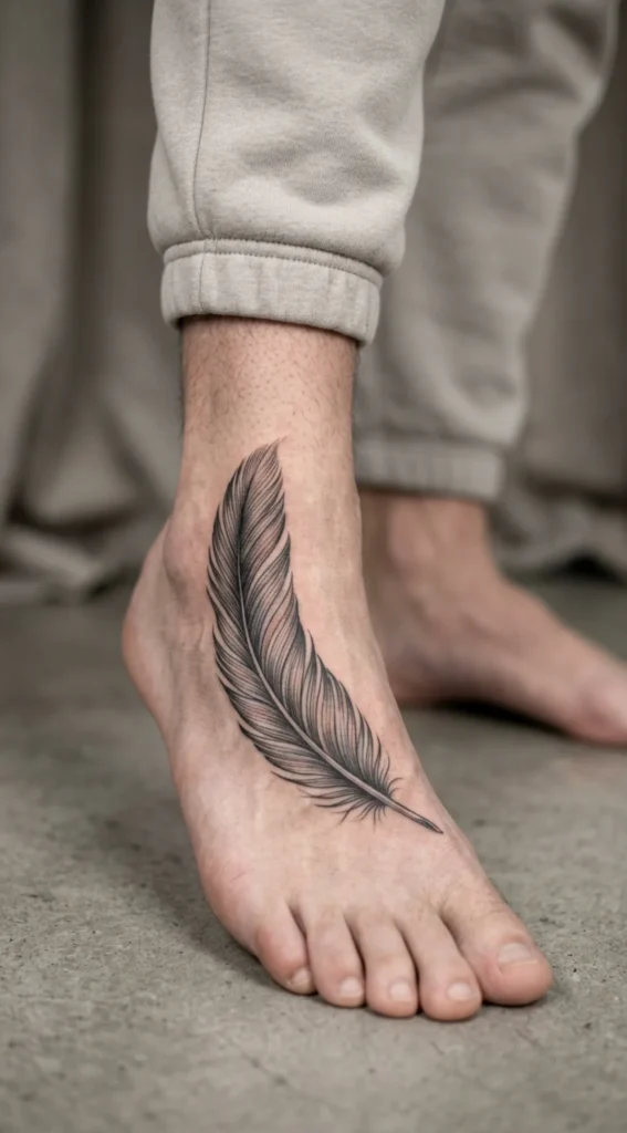 Realistic Feather Foot Tattoo
