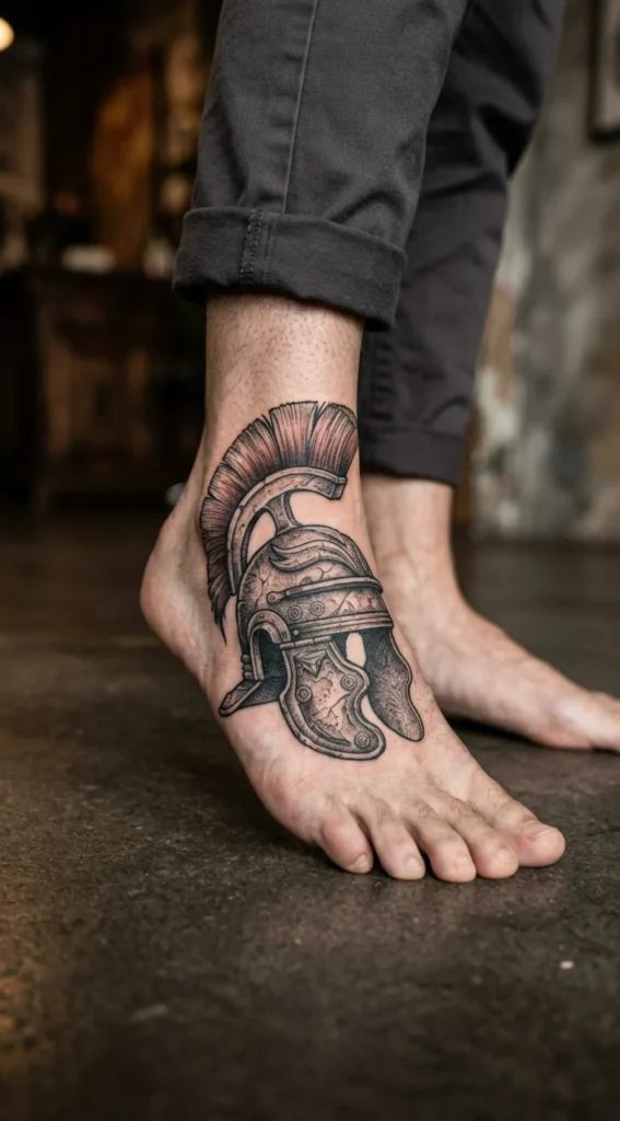 Roman Warrior Helmet Foot Tattoo