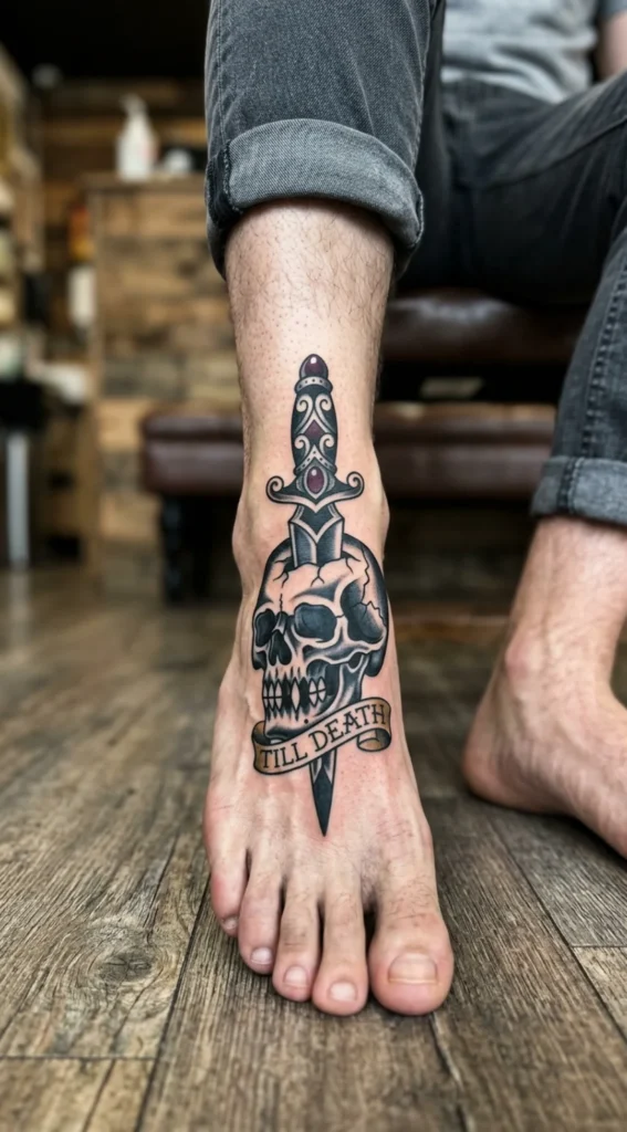 Skull and Dagger Foot Tattoo