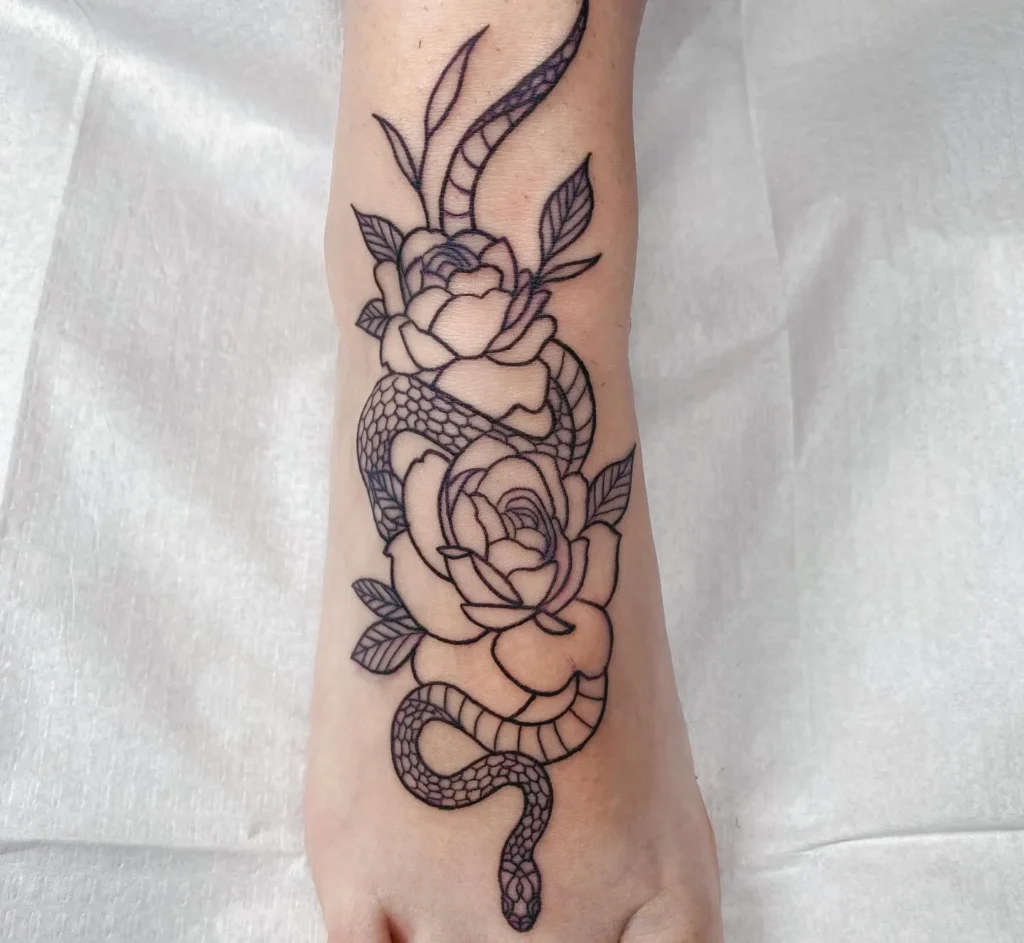 Snake and Peony Fusion Tattoo
