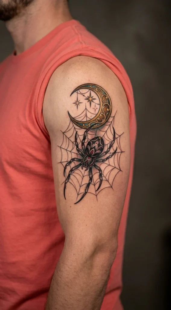 Spider With Crescent Moon and Web