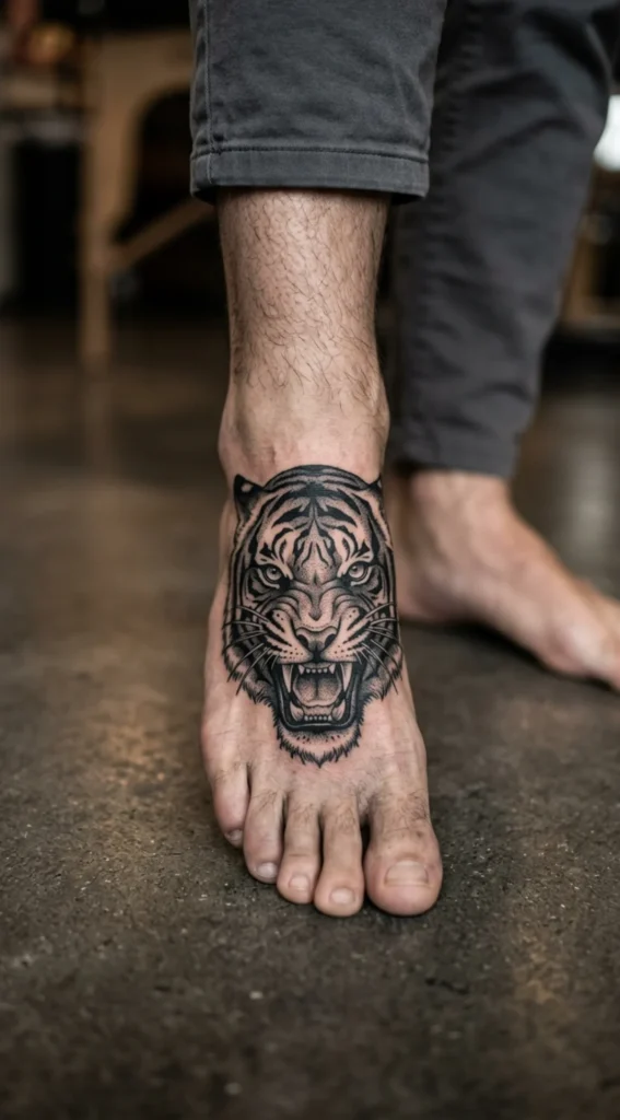 Tiger Head Blackwork Foot Tattoo