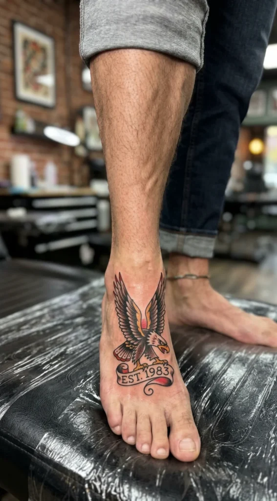 Traditional Eagle and Banner Foot Tattoo