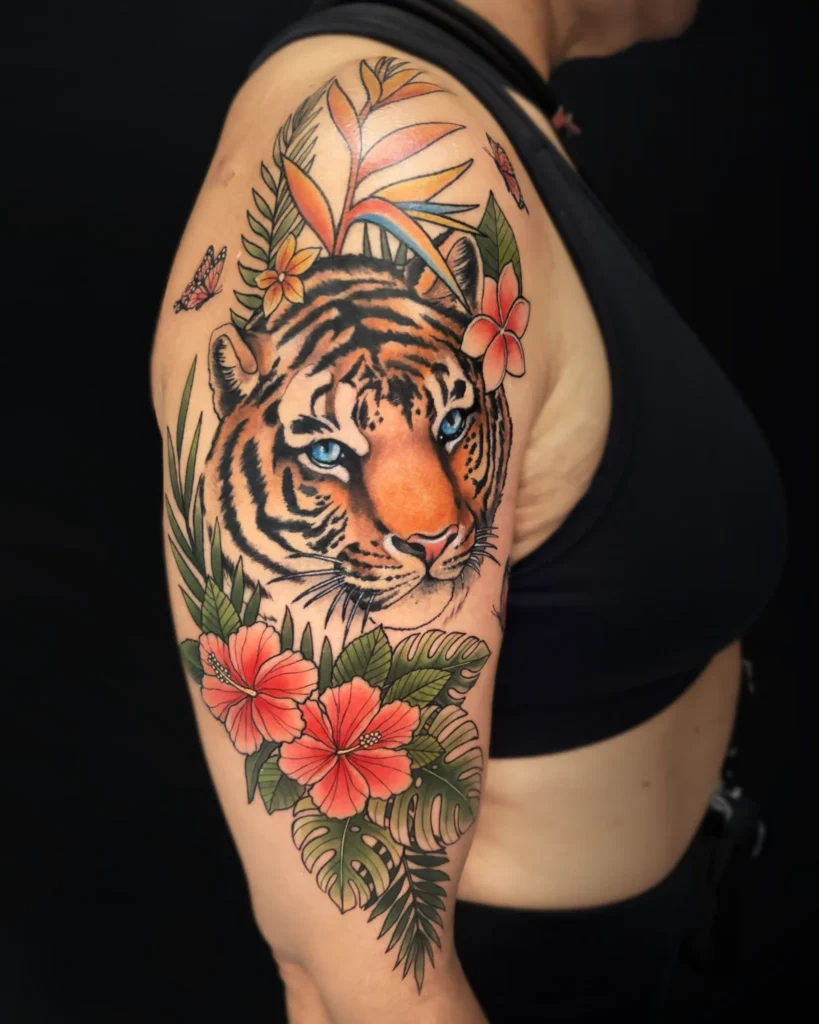 Tropical Floral and Blue-Eyed Tiger Tattoo