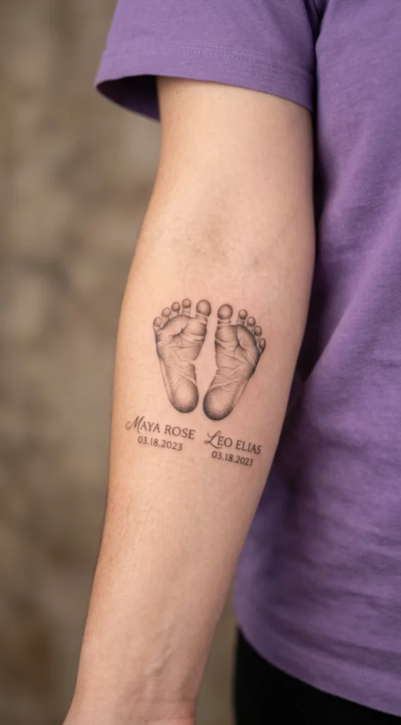 Twin Footprints With Names And Dates