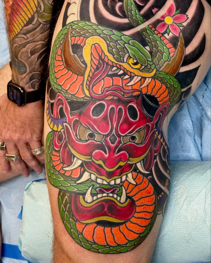 Vibrant Hannya and Hebi Thigh Piece