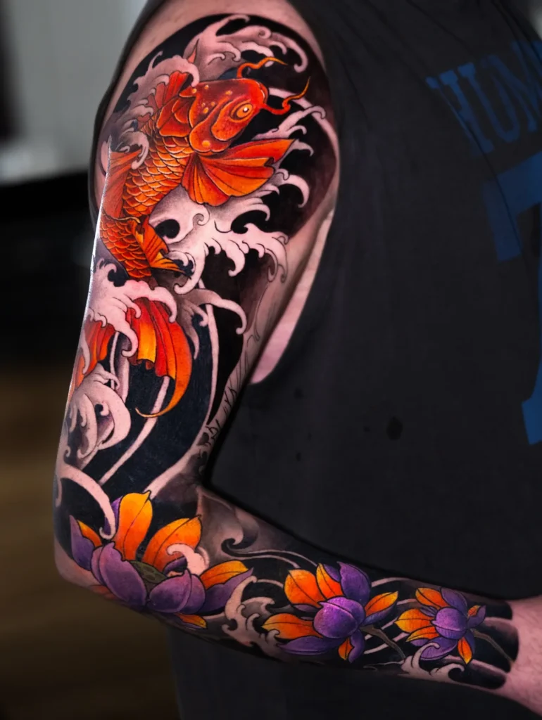 Vibrant Koi Fish and Lotus Full Sleeve