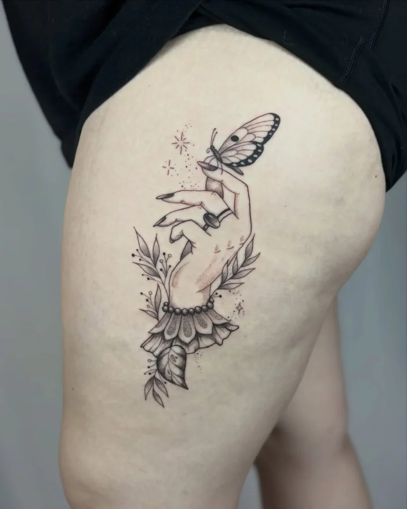 Whimsy Butterfly Landing on Hand Thigh Piece