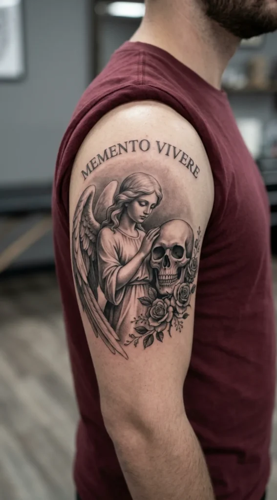 Black and Grey Angel and Skull Tattoo