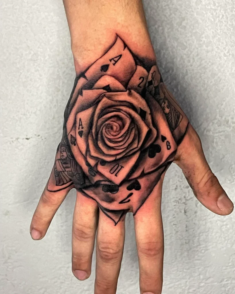 Black and Grey Rose Hand Tattoo