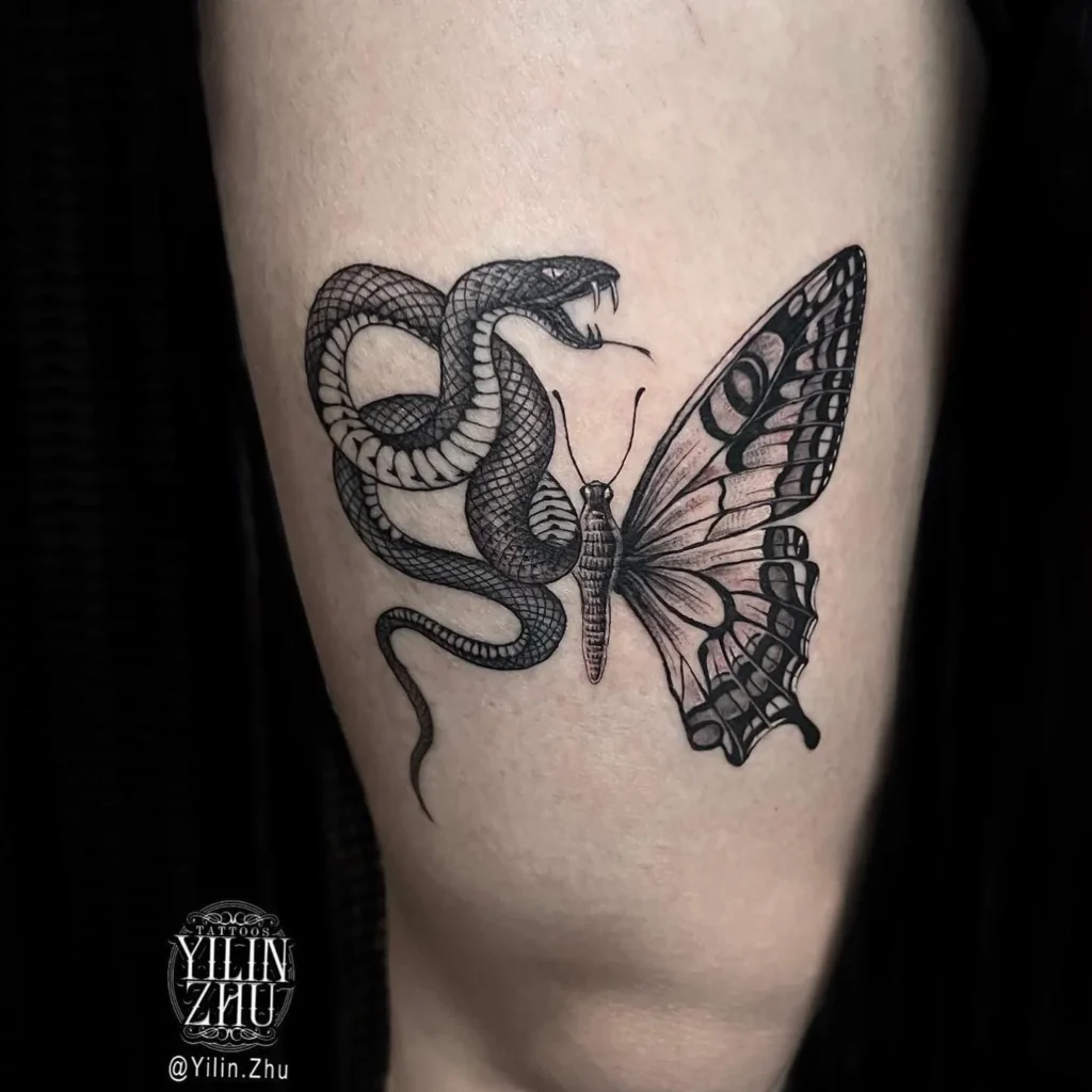 Black and Grey Split Duality Tattoo