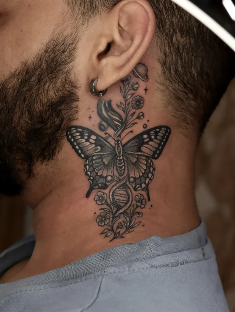 Blackwork Cosmic DNA Butterfly Neck Tattoo