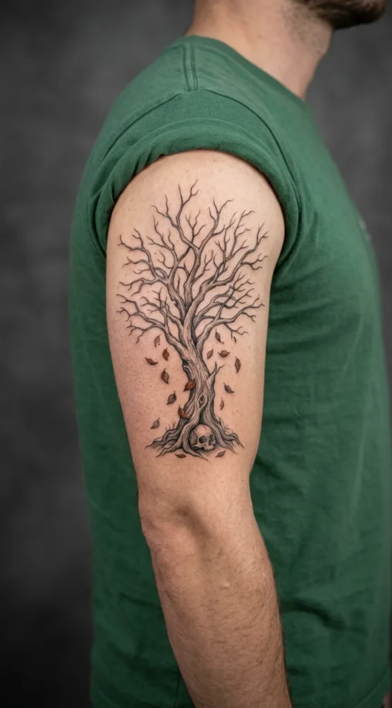 Dead Tree with Falling Leaves Tattoo
