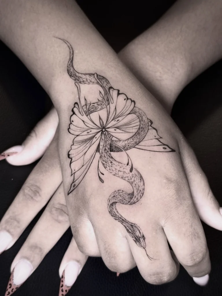 Fine Line Butterfly and Snake On Hand