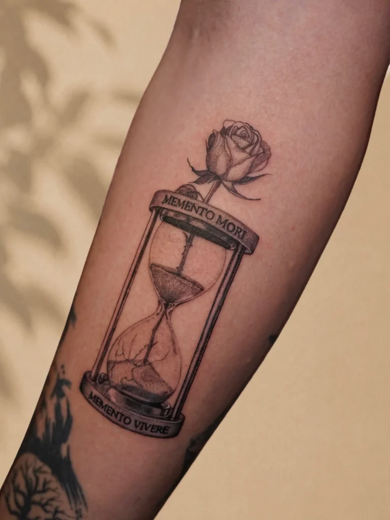 Fine Line Hourglass and Rose Tattoo