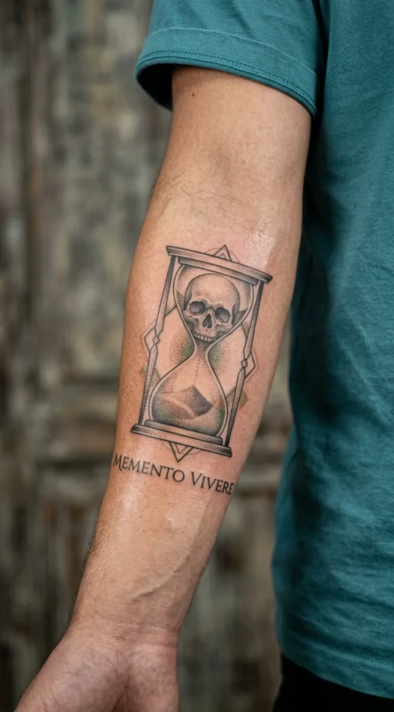 Geometric Hourglass and Dotwork Skull Tattoo