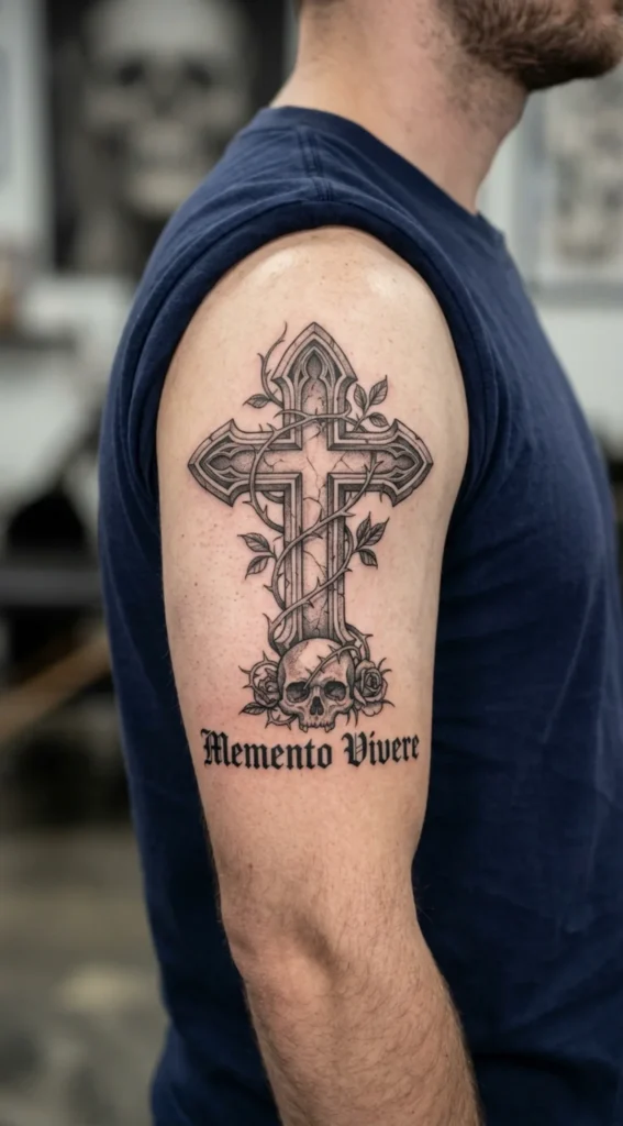 Gothic Cross and Memento Mori Tattoo