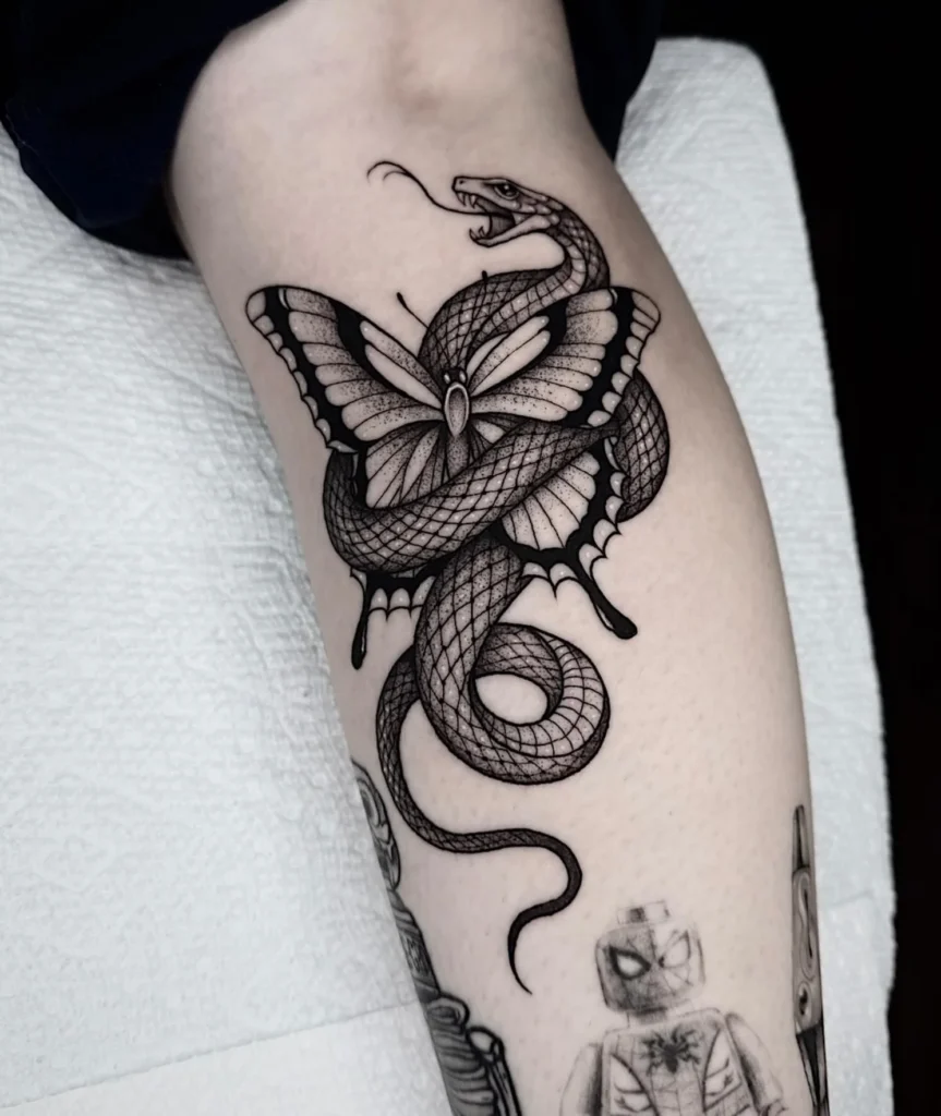 High Contrast Snake and Butterfly Tattoo