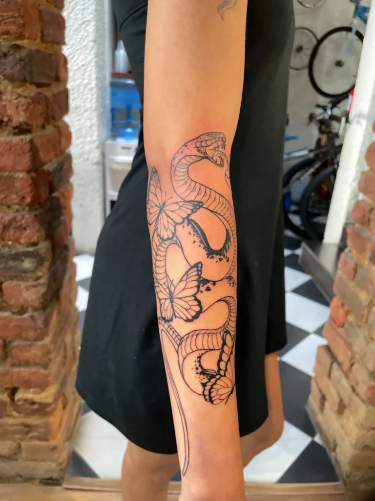 Linework Snake and Butterfly Tattoo