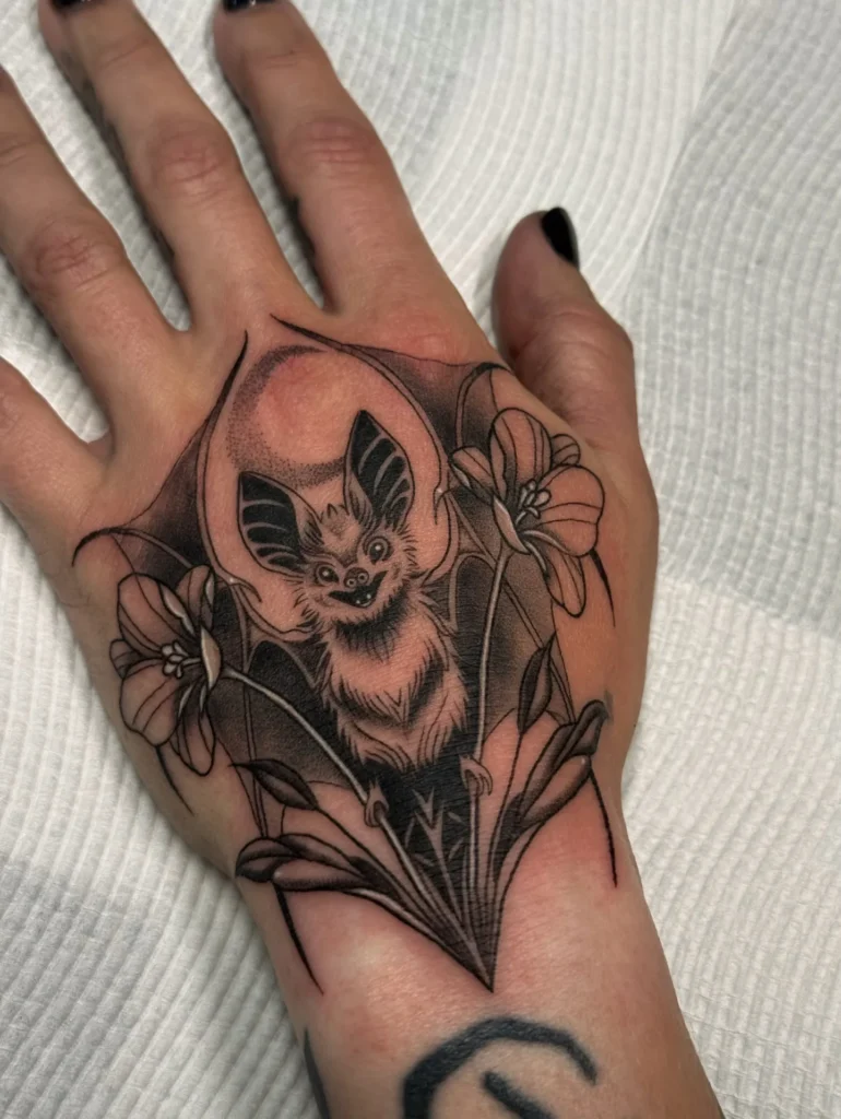 Neo Traditional Bat Hand Tattoo